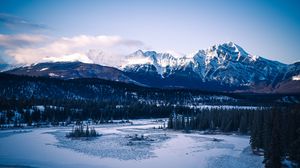 Preview wallpaper mountains, forest, trees, snow, snowy