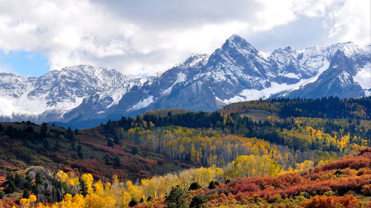 Wallpaper mountains, forest, trees, autumn, sky