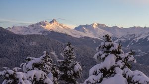 Preview wallpaper mountains, forest, trees, snow, winter, landscape