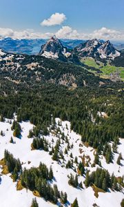 Preview wallpaper mountains, forest, trees, snow, landscape, aerial view