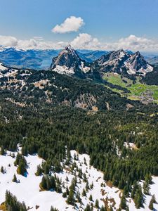 Preview wallpaper mountains, forest, trees, snow, landscape, aerial view