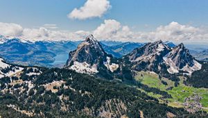 Preview wallpaper mountains, forest, trees, snow, landscape, aerial view