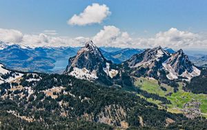 Preview wallpaper mountains, forest, trees, snow, landscape, aerial view