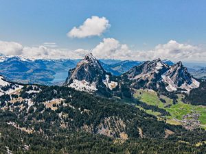 Preview wallpaper mountains, forest, trees, snow, landscape, aerial view