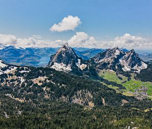 Preview wallpaper mountains, forest, trees, snow, landscape, aerial view