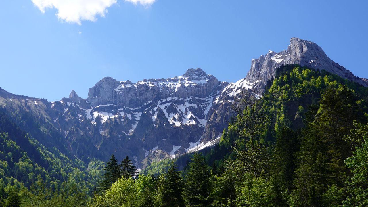 Wallpaper mountains, forest, trees, clouds, nature, landscape