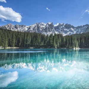 Preview wallpaper mountains, forest, trees, lake, reflection, landscape