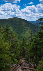 Preview wallpaper mountains, forest, trees, sky, clouds, landscape, nature