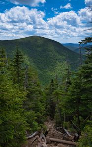 Preview wallpaper mountains, forest, trees, sky, clouds, landscape, nature