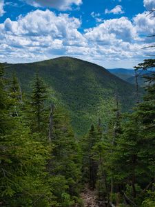 Preview wallpaper mountains, forest, trees, sky, clouds, landscape, nature