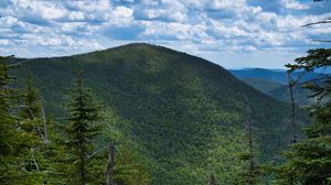 Preview wallpaper mountains, forest, trees, sky, clouds, landscape, nature