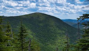 Preview wallpaper mountains, forest, trees, sky, clouds, landscape, nature