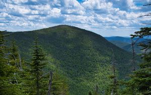 Preview wallpaper mountains, forest, trees, sky, clouds, landscape, nature