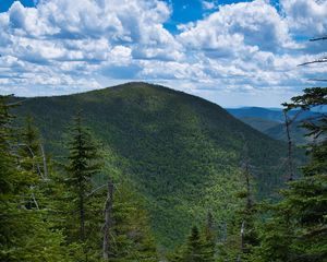Preview wallpaper mountains, forest, trees, sky, clouds, landscape, nature