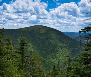 Preview wallpaper mountains, forest, trees, sky, clouds, landscape, nature