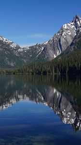 Preview wallpaper mountains, forest, trees, lake, reflection, nature, landscape