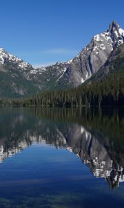 Preview wallpaper mountains, forest, trees, lake, reflection, nature, landscape