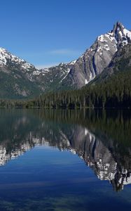 Preview wallpaper mountains, forest, trees, lake, reflection, nature, landscape