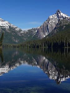Preview wallpaper mountains, forest, trees, lake, reflection, nature, landscape