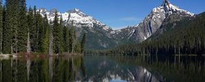 Preview wallpaper mountains, forest, trees, lake, reflection, nature, landscape