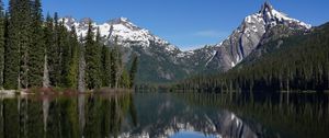 Preview wallpaper mountains, forest, trees, lake, reflection, nature, landscape