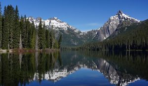 Preview wallpaper mountains, forest, trees, lake, reflection, nature, landscape