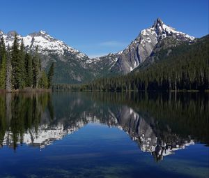 Preview wallpaper mountains, forest, trees, lake, reflection, nature, landscape