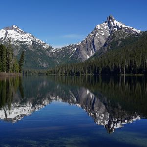 Preview wallpaper mountains, forest, trees, lake, reflection, nature, landscape