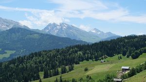 Preview wallpaper mountains, forest, trees, houses, landscape