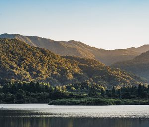 Preview wallpaper mountains, forest, trees, lake, landscape, nature