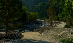 Preview wallpaper mountains, forest, trees, path, turn, landscape, nature