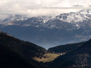 Preview wallpaper mountains, forest, trees, clouds, valley