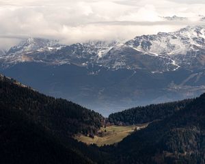 Preview wallpaper mountains, forest, trees, clouds, valley