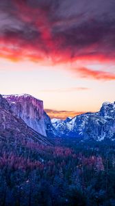 Preview wallpaper mountains, forest, twilight, canyon, clouds, sunset