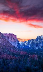 Preview wallpaper mountains, forest, twilight, canyon, clouds, sunset