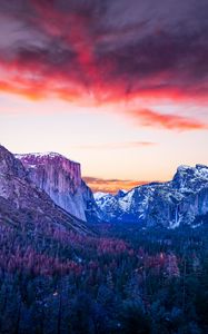 Preview wallpaper mountains, forest, twilight, canyon, clouds, sunset