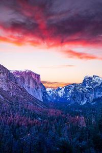 Preview wallpaper mountains, forest, twilight, canyon, clouds, sunset