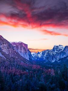 Preview wallpaper mountains, forest, twilight, canyon, clouds, sunset
