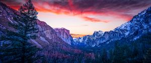 Preview wallpaper mountains, forest, twilight, canyon, clouds, sunset