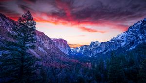 Preview wallpaper mountains, forest, twilight, canyon, clouds, sunset