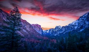 Preview wallpaper mountains, forest, twilight, canyon, clouds, sunset