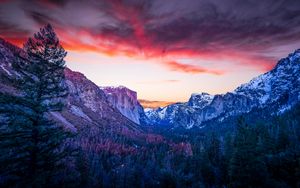 Preview wallpaper mountains, forest, twilight, canyon, clouds, sunset