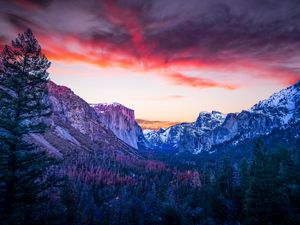 Preview wallpaper mountains, forest, twilight, canyon, clouds, sunset