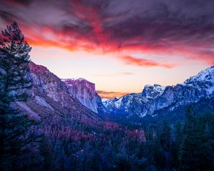 Preview wallpaper mountains, forest, twilight, canyon, clouds, sunset