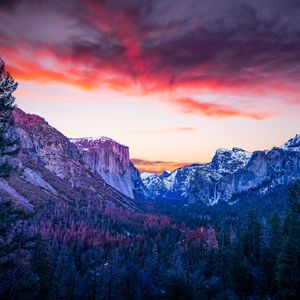 Preview wallpaper mountains, forest, twilight, canyon, clouds, sunset