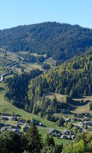 Preview wallpaper mountains, forest, village, houses, valley, landscape