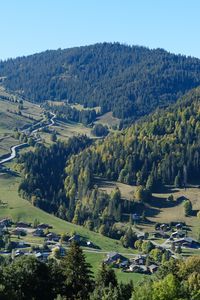 Preview wallpaper mountains, forest, village, houses, valley, landscape