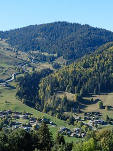 Preview wallpaper mountains, forest, village, houses, valley, landscape