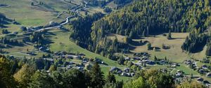 Preview wallpaper mountains, forest, village, houses, valley, landscape