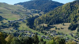 Preview wallpaper mountains, forest, village, houses, valley, landscape